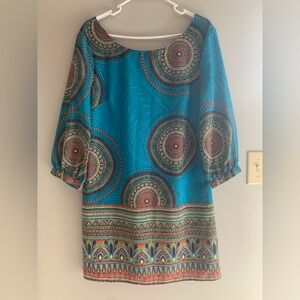 Womens Pink Owl Multicolored Boho 3/4 Sleeve Midi Crew Neck Lined Side Zip Dress